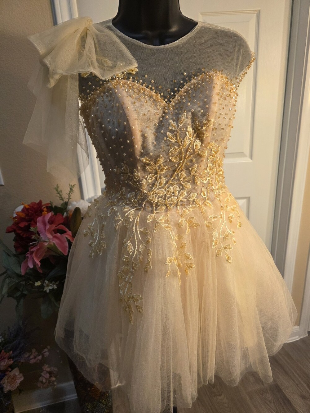 Gold Embroidered Tulle Mini Dress with Pearl Accents